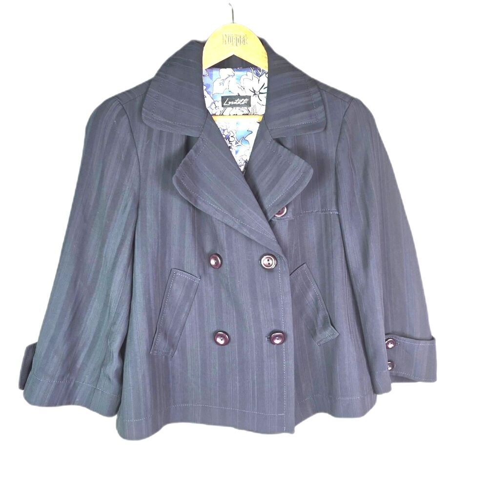 Locatelli Blazer Navy M Vintage Pinstripe Double Breasted Cropped Floral Lining
